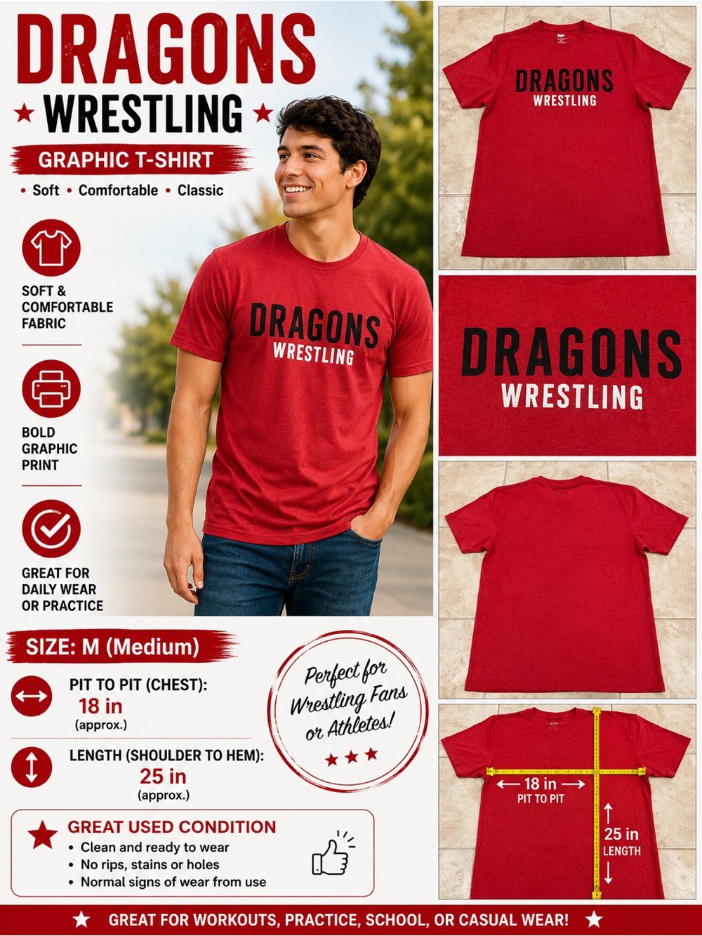 Dragons Wrestling Red Graphic T-Shirt Men's Medium M Short Sleeve Athletic Tee